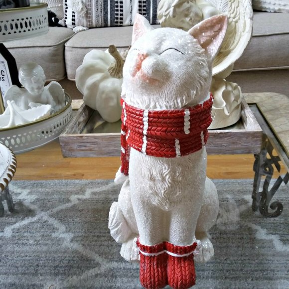 NEW! SHIMMERY Glitter WINTER CAT W/ SCARF DECOR STATUE - Picture 2 of 5